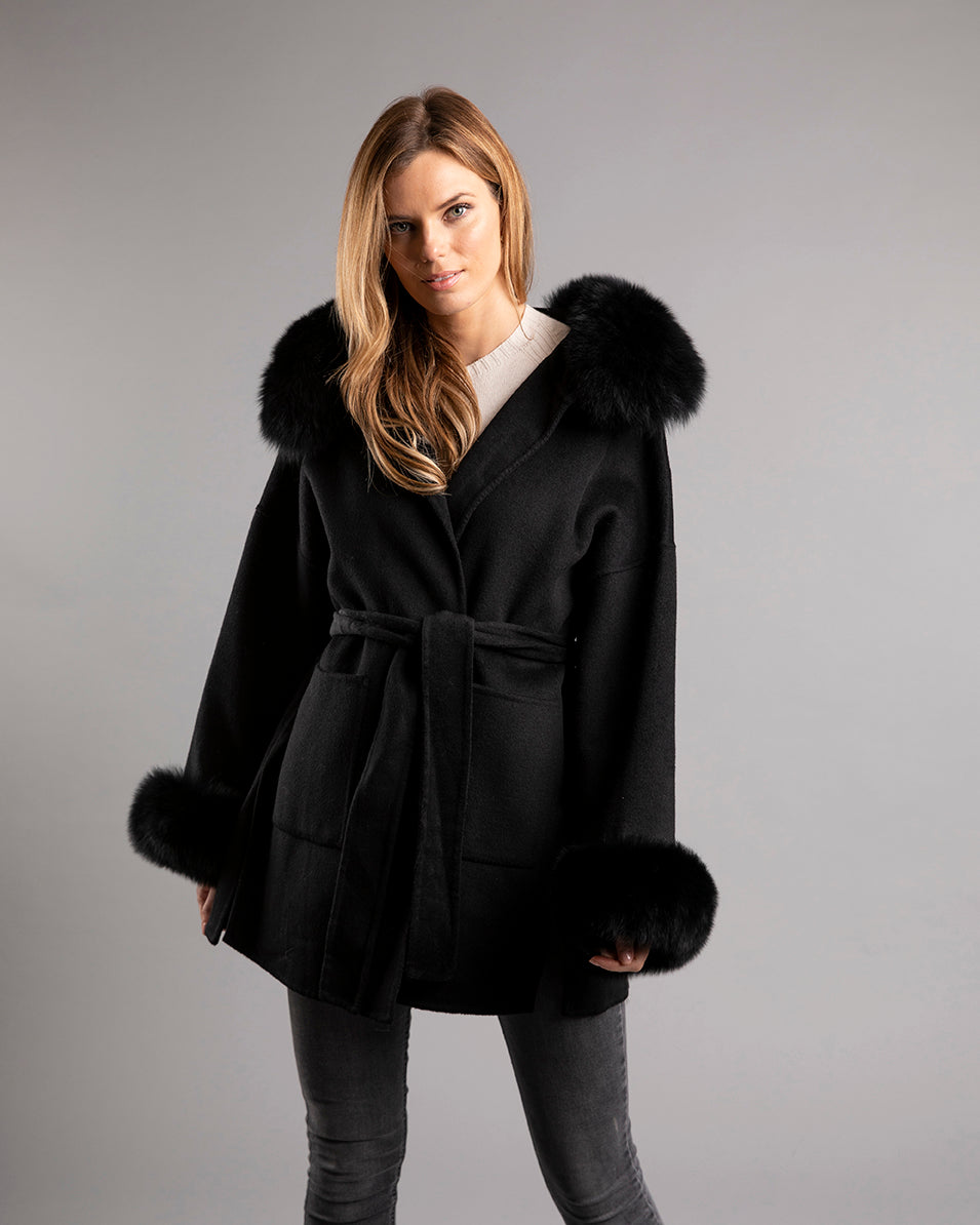 Black coat with fur hood and belt best sale