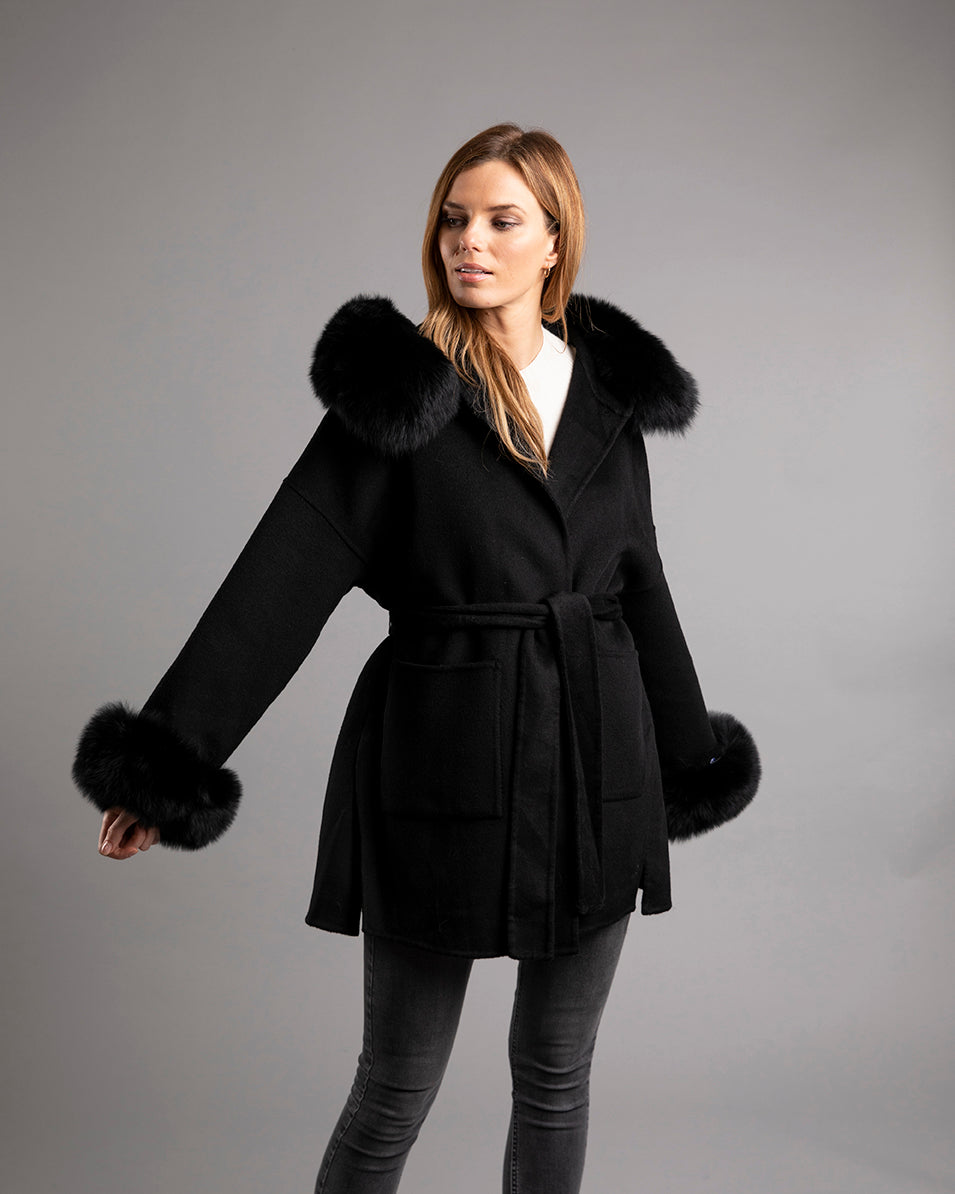 Merible Cashmere Wrap Belt Coat Fox Fur Hood